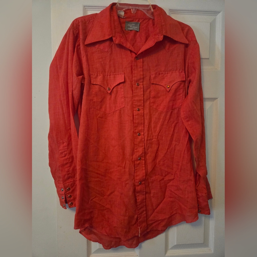 Vintage Champion Western Pearl Snap Shirt Mens Medium Orange
